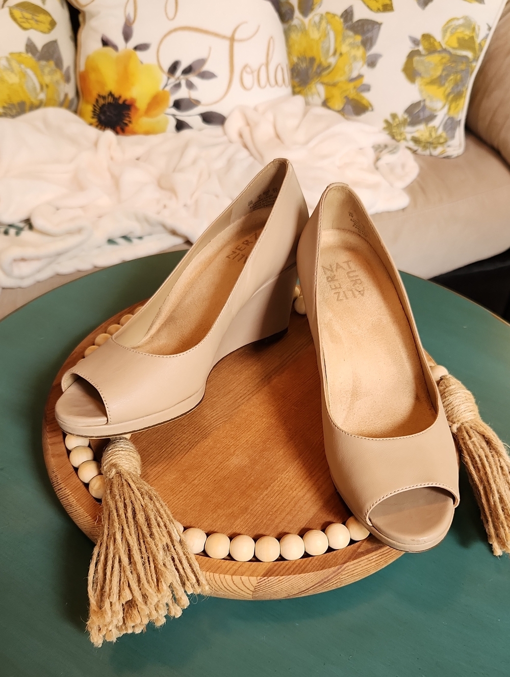 Naturalizer Beige Peep-Toe Wedge Pumps